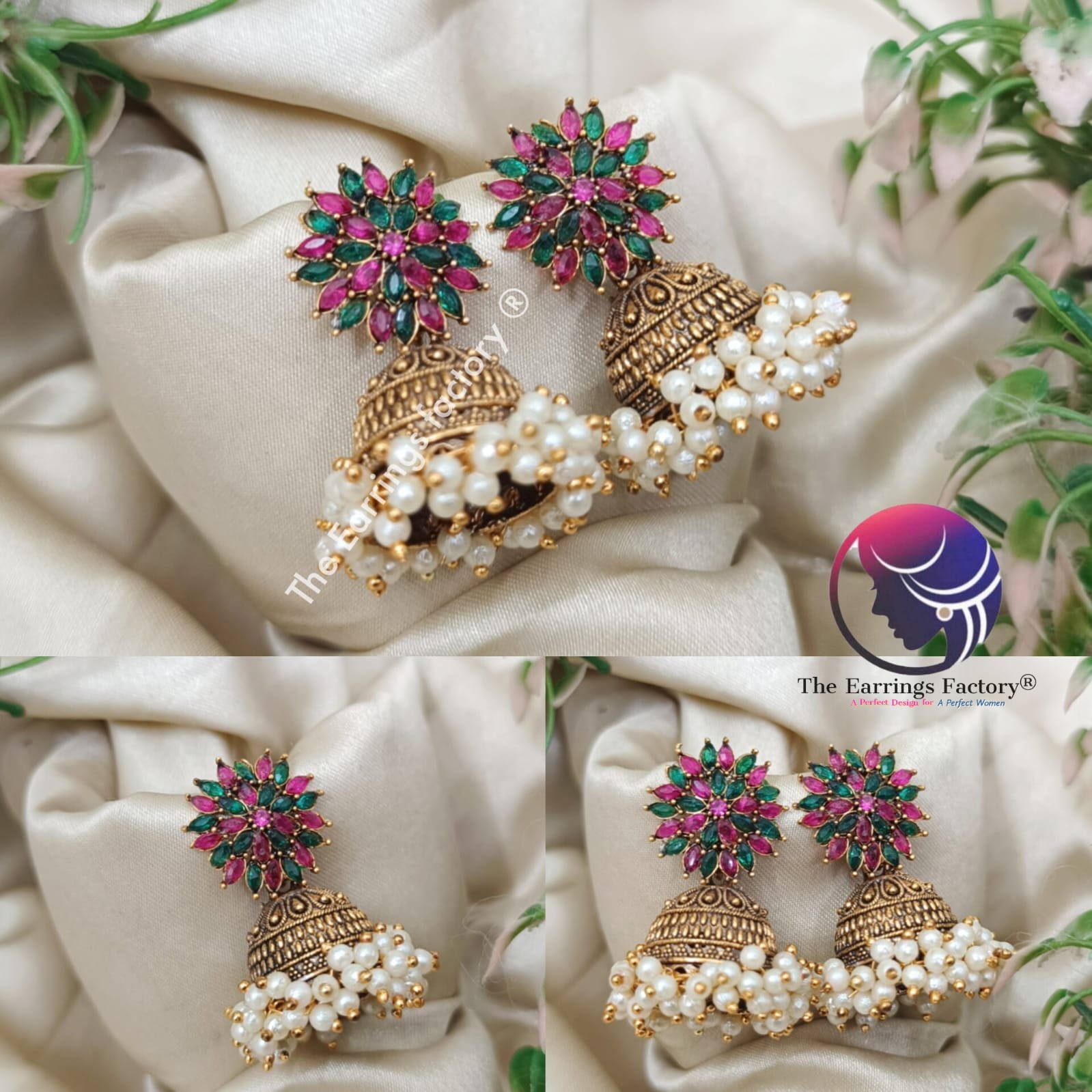 Traditional Golden White Pearl Beads Multi colour Floral Stone Jhumka