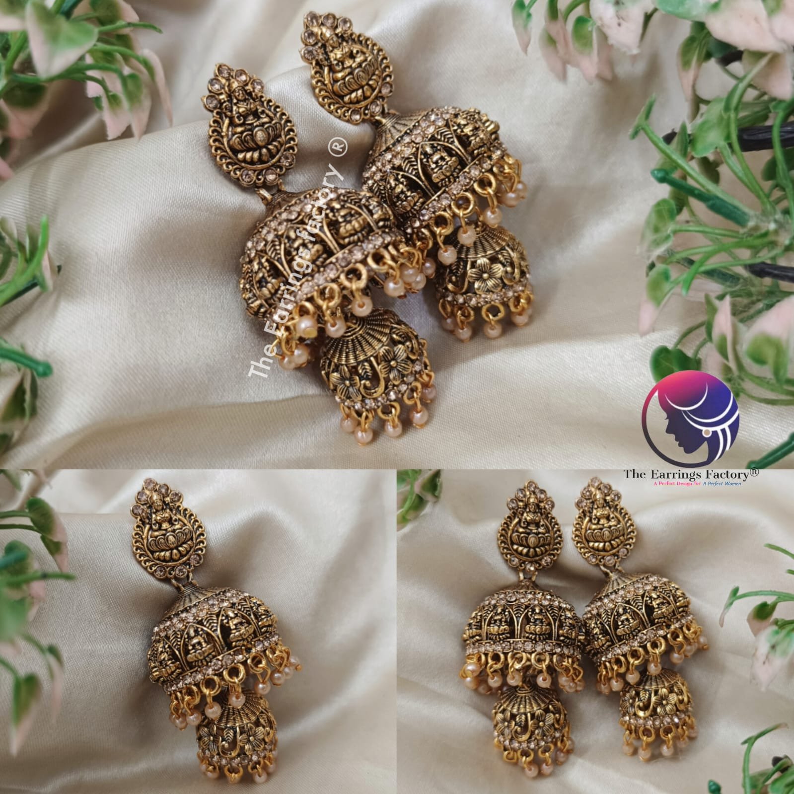Traditional Lakshmi Golden Two Layer Pearl beads Temple Jhumka