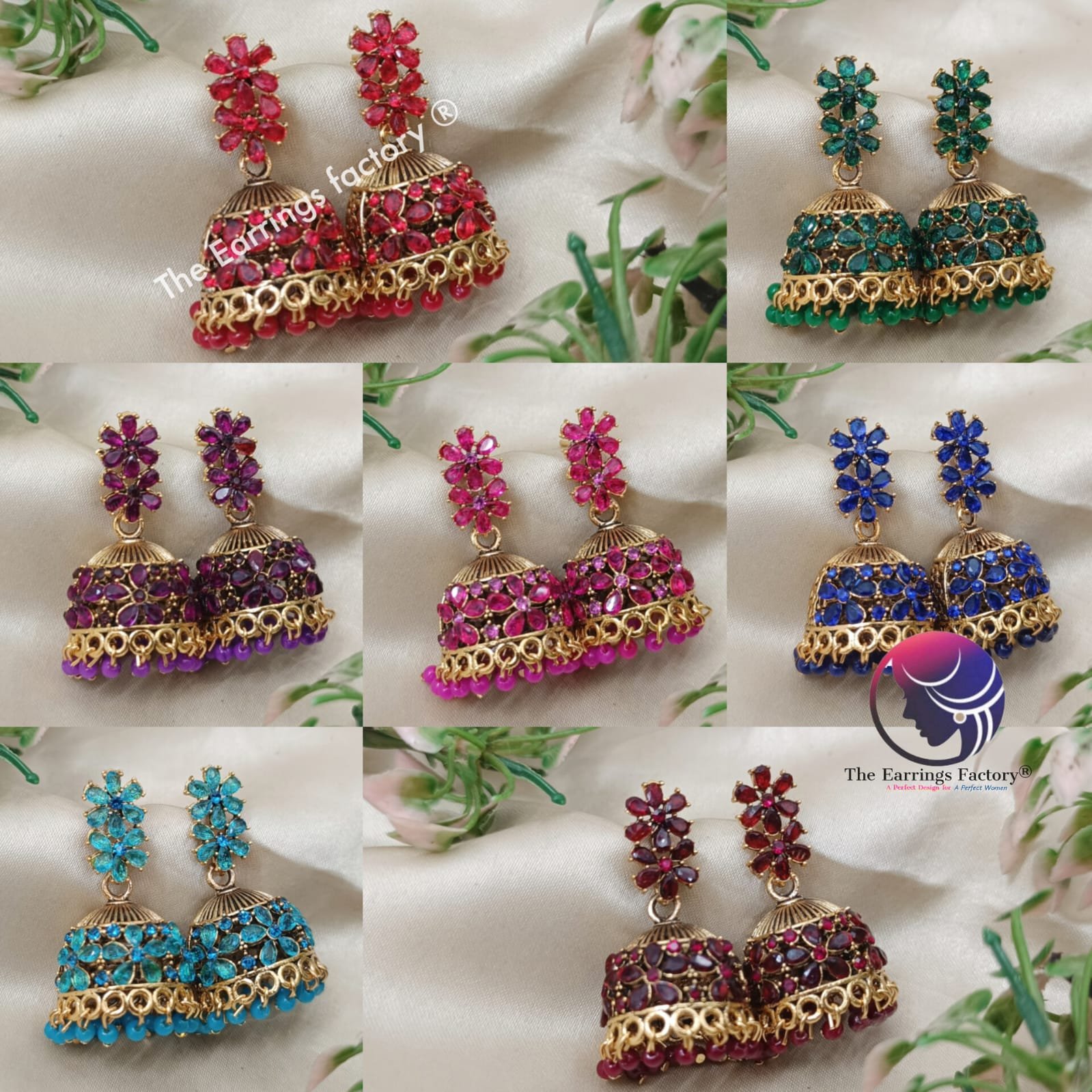 Traditional Golden Colourful Pearl beads Floral Stone jhumka