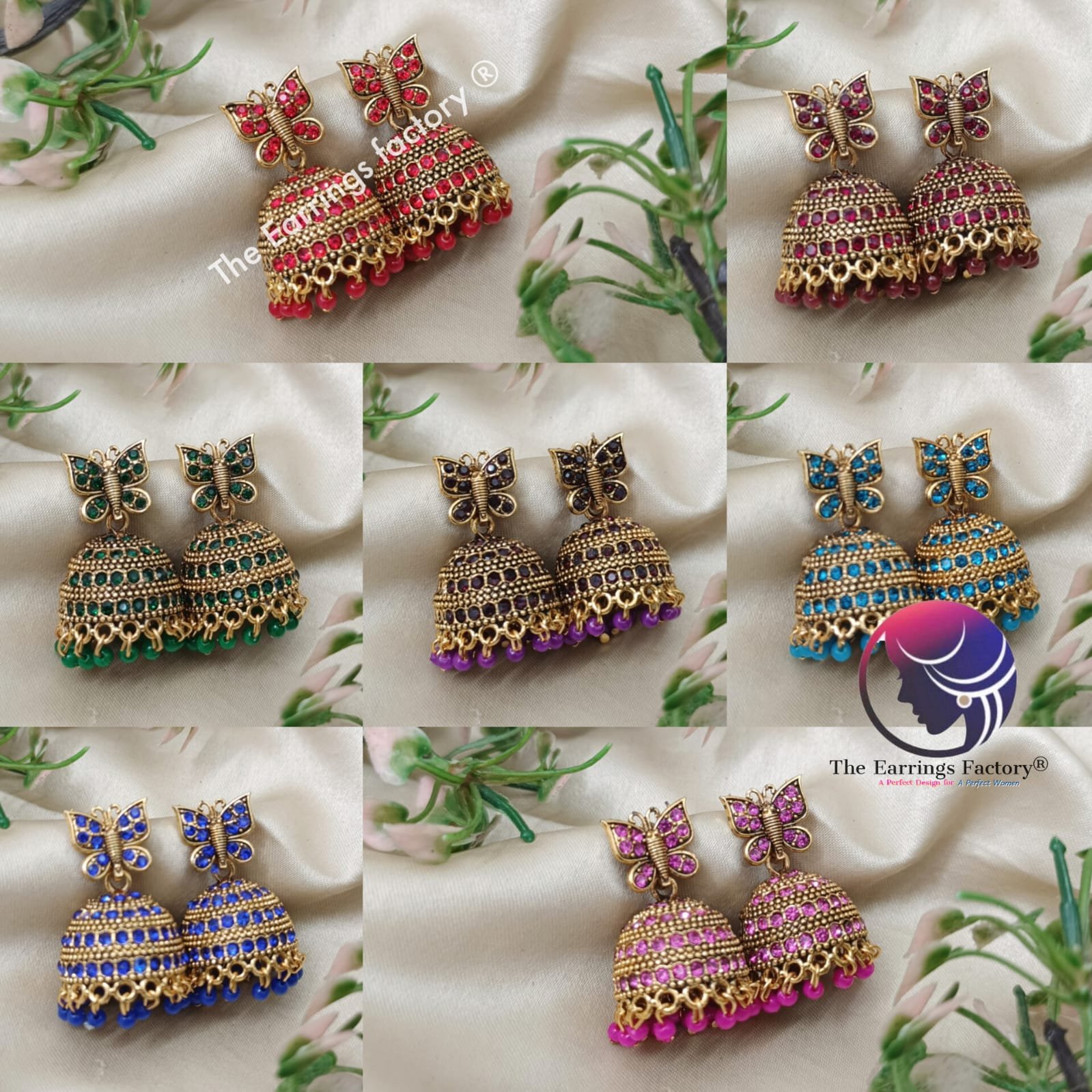 Traditional Golden Butterfly Colourful Pearl Beads Stone Jhumka