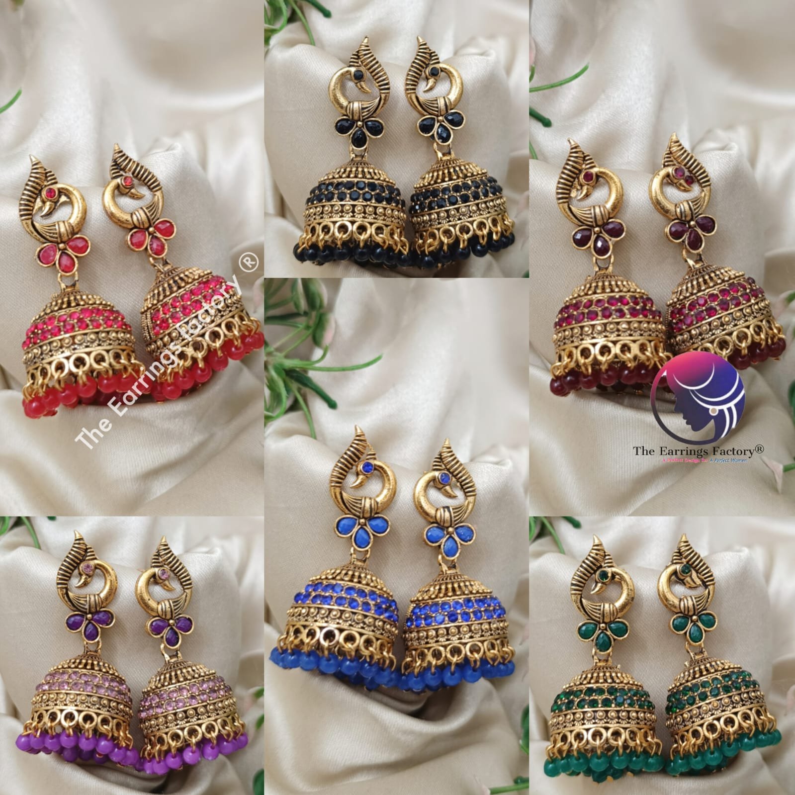 Traditional Golden Peacock Colourful Pearl beads Stone jhumka