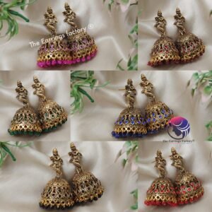 Traditional Golden God Krishna Colourful Pearl beads Stone Temple jhumka