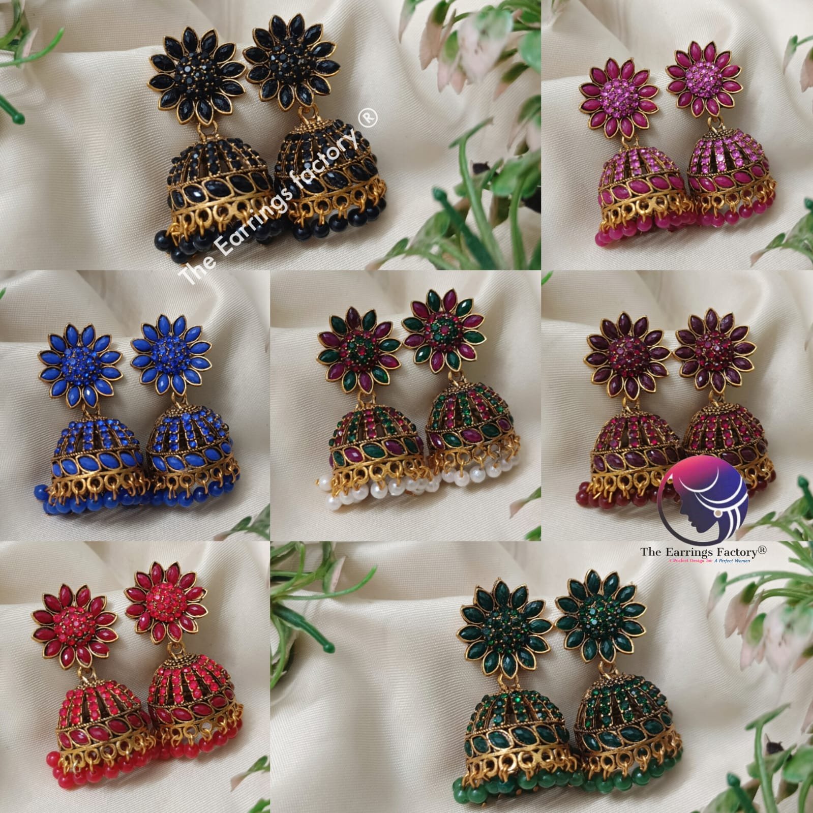 Traditional Golden Colourful Pearl beads Floral Stone jhumka