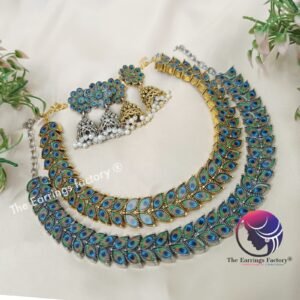 Trending Golden and silver Peacock feather Neckset with Jhumka