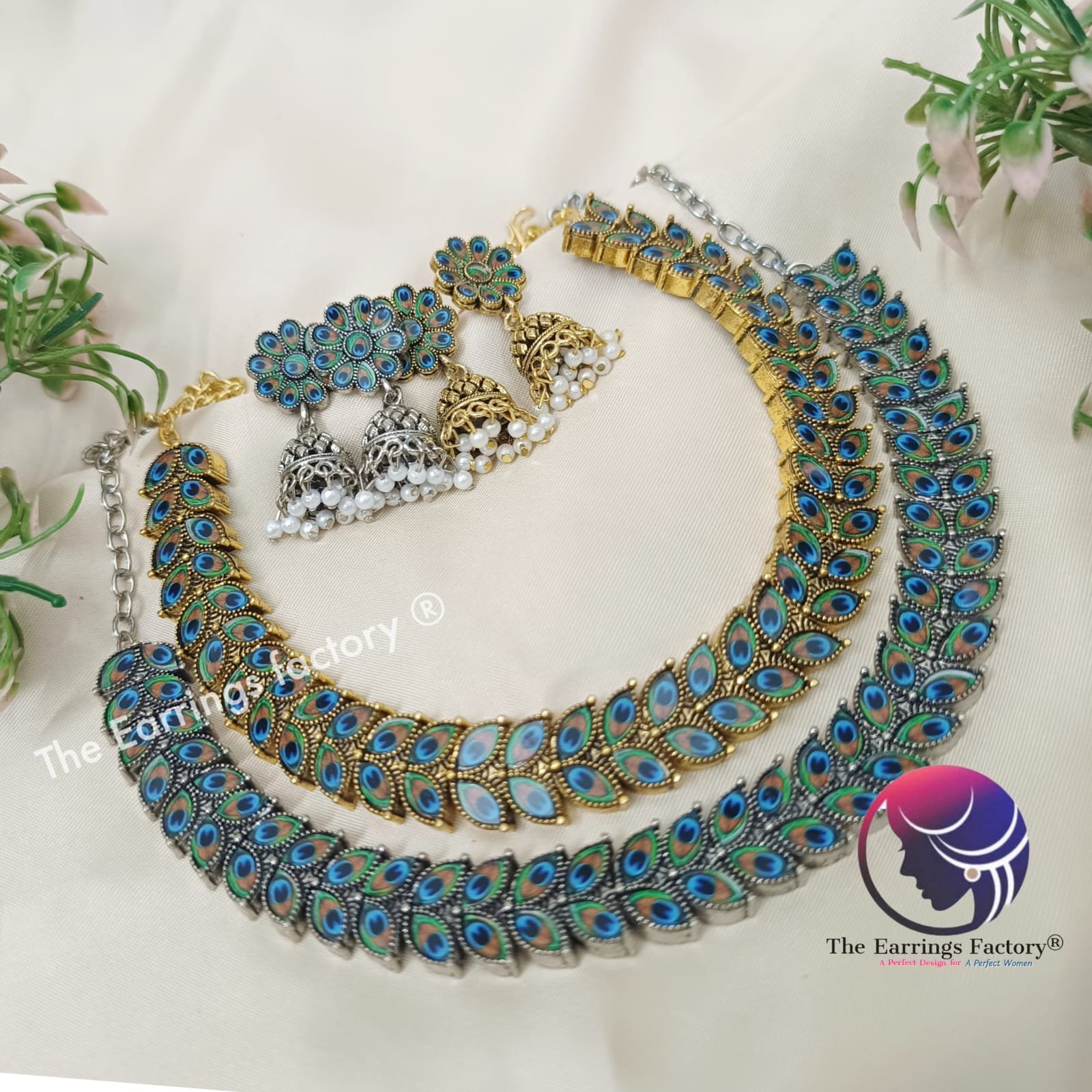 Trending Golden and silver Peacock feather Neckset with Jhumka
