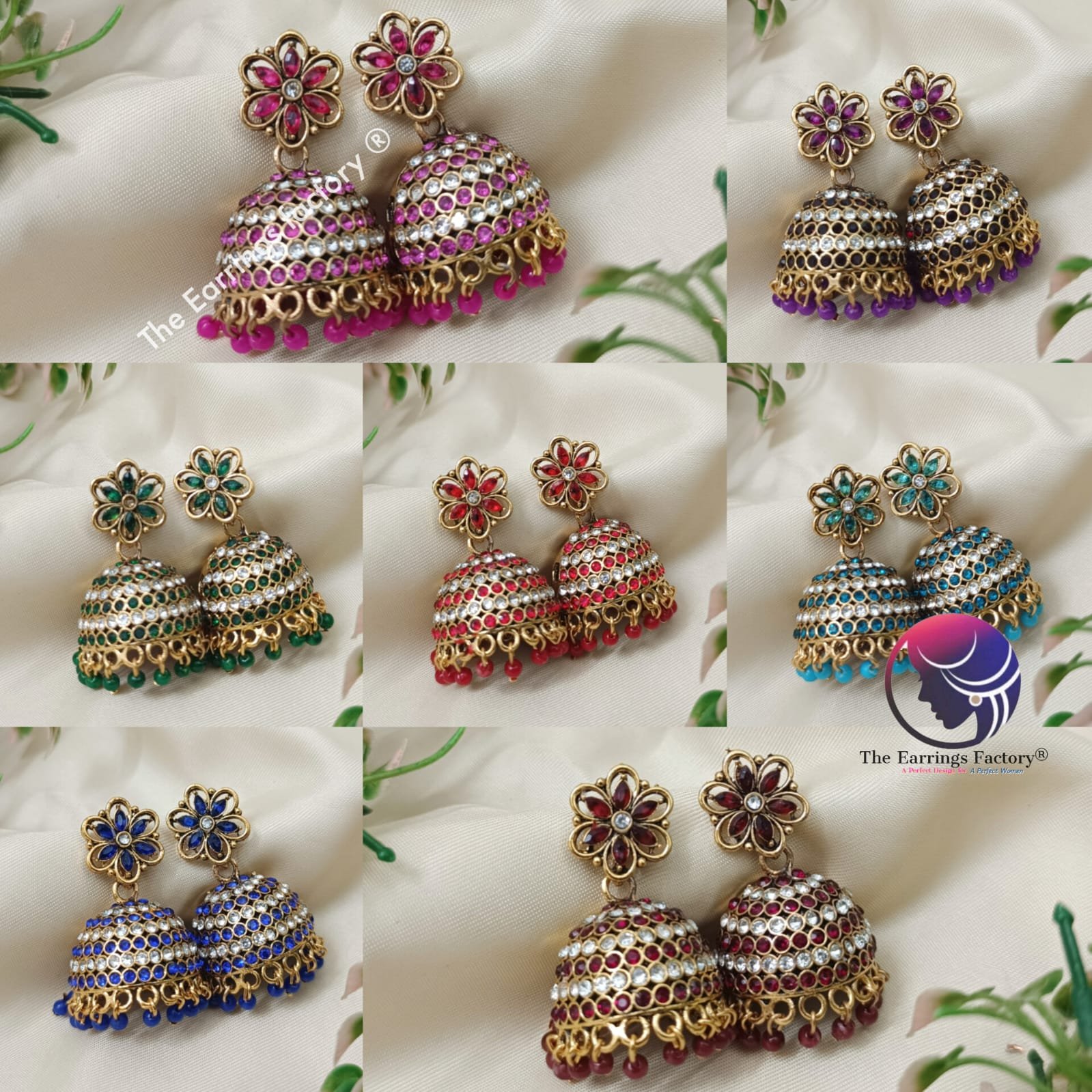 Traditional Golden Colourful Pearl Beads Floral Stone Jhumka