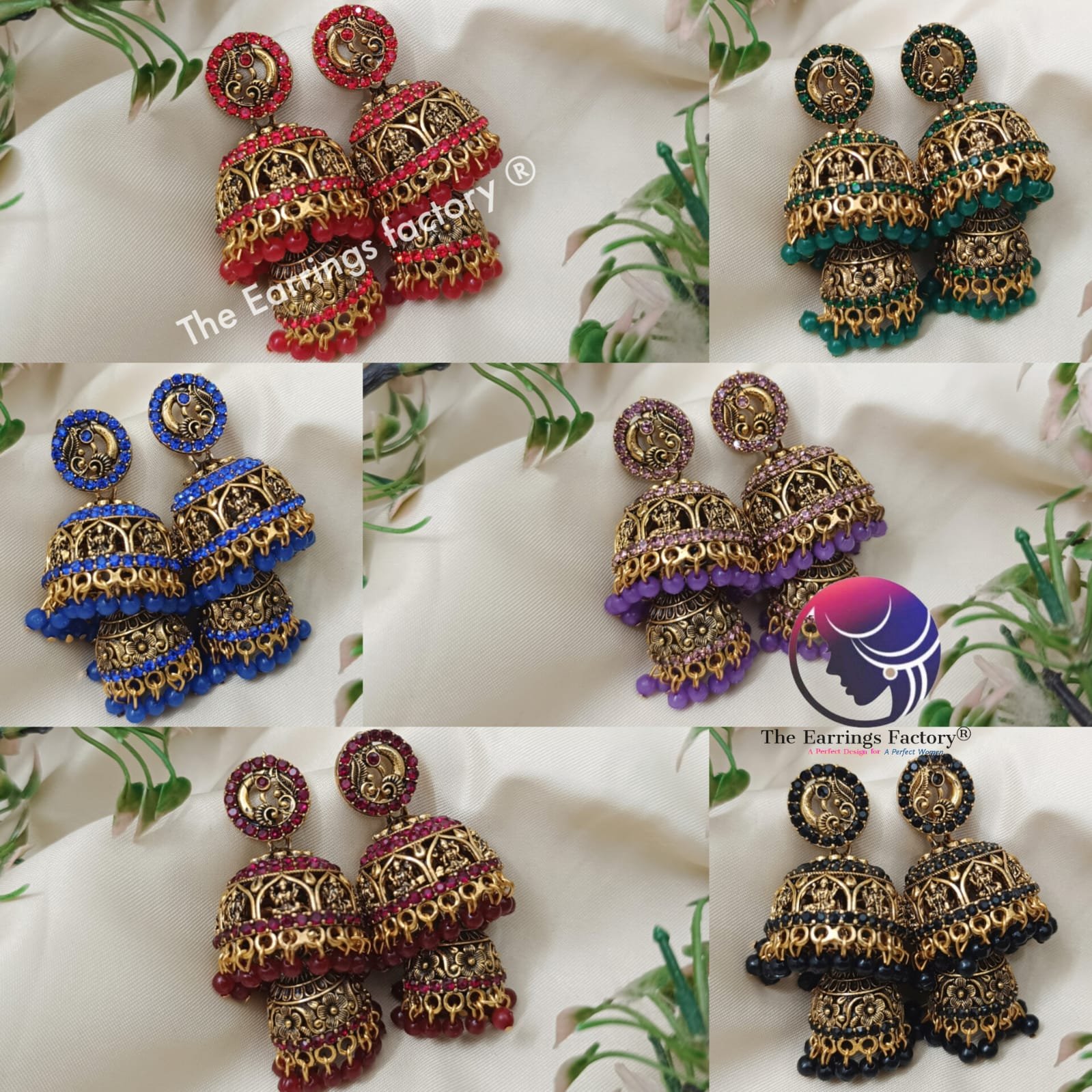 Traditional Golden Temple Colourful Pearl beads Two layer Lakshmi stone jhumka