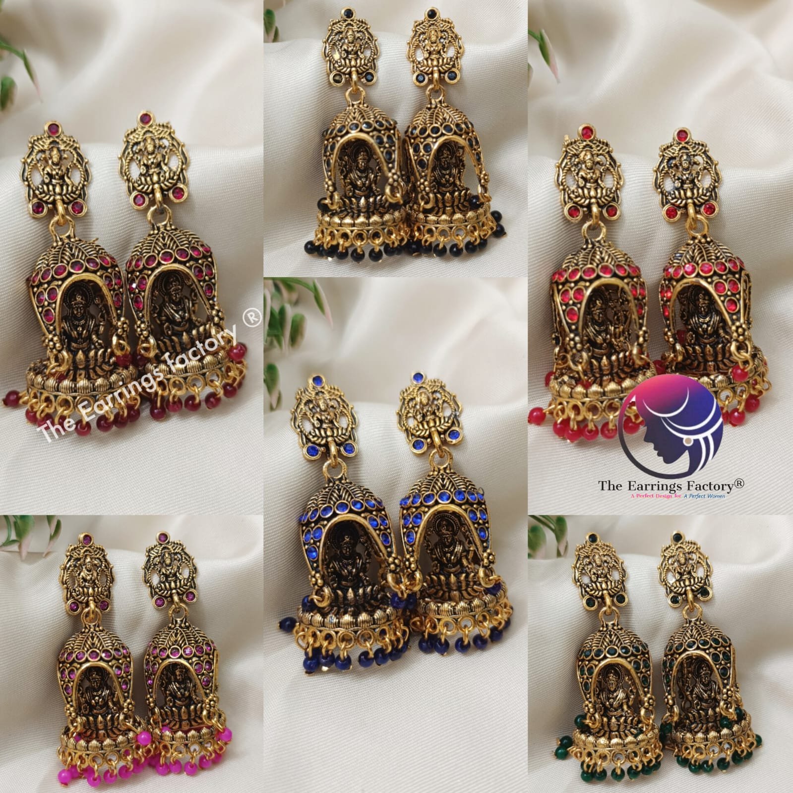 Traditional Golden lakshmi Colourful Pearl beads Stone Temple jhumka