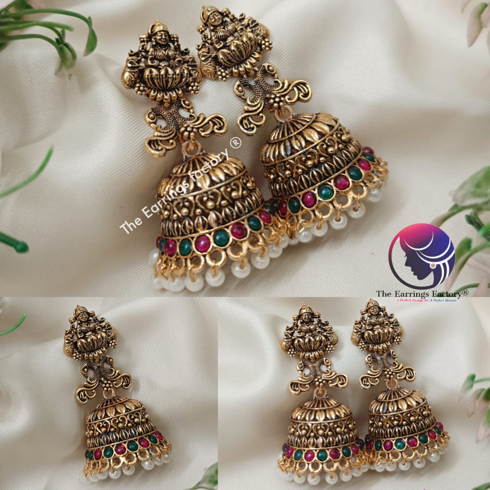 Traditional Golden Lakshmi Pearl beads Multi Stone temple Jhumka