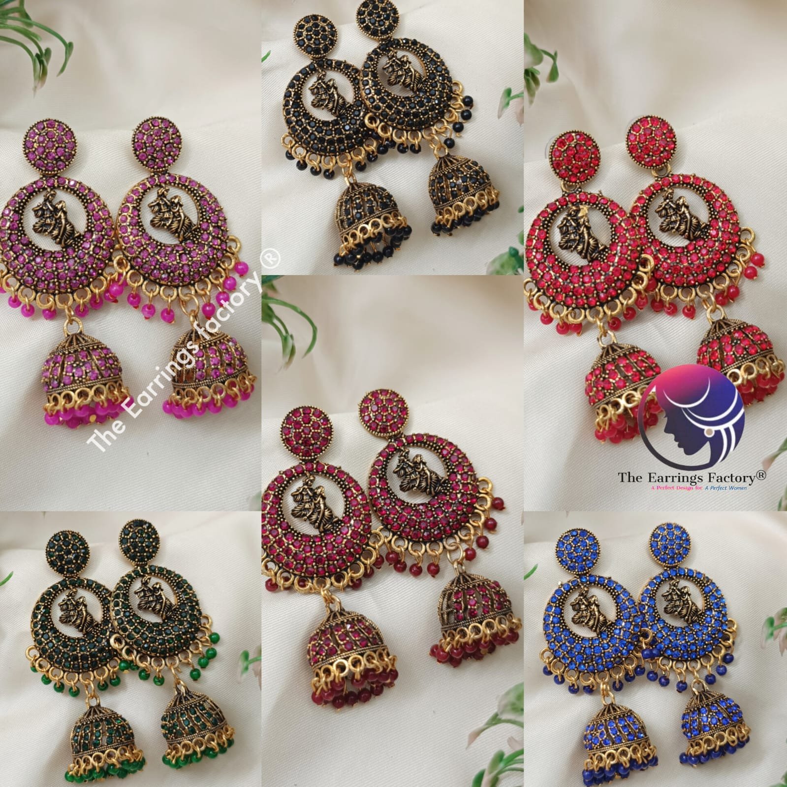 Traditional Weightless Radha Krishna Golden Colourful Pearl beads Long Stone jhumka
