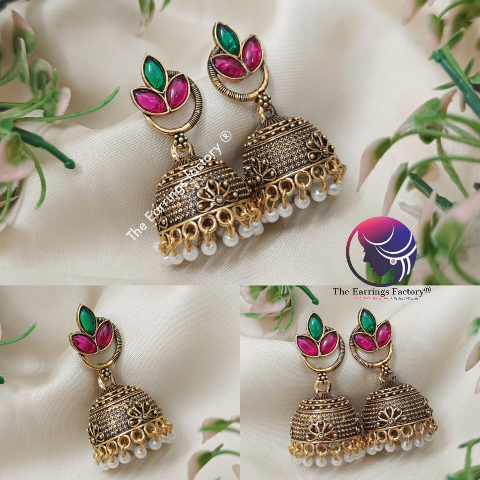 Traditional Golden Pearl Beads Multi Stone Leaf Jhumka