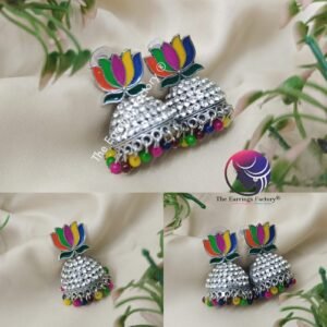 Traditional Silver Multi colour Pearl Beads Lotus Stone Jhumka