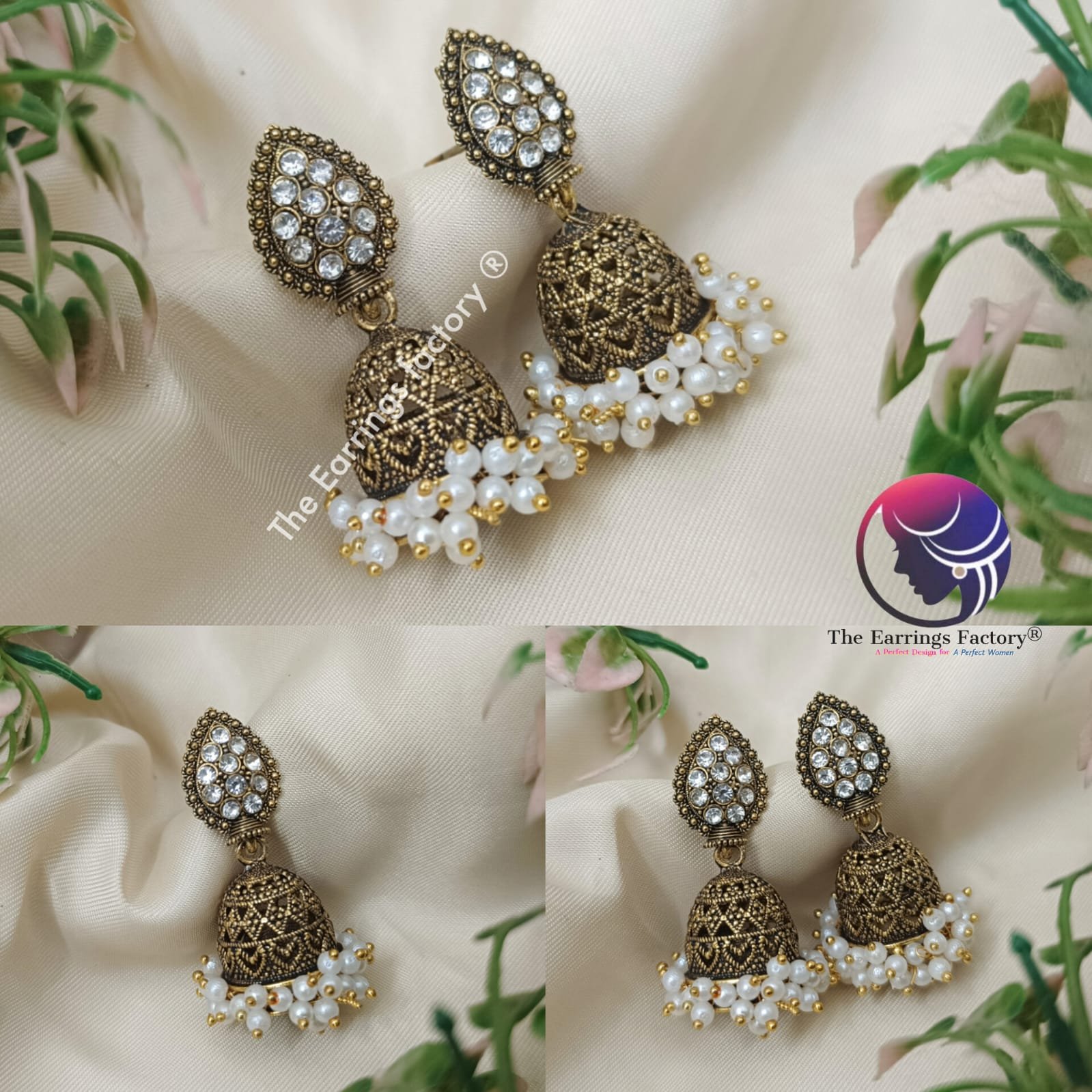 Traditional Golden White Pearl Beads Stone Jhumka