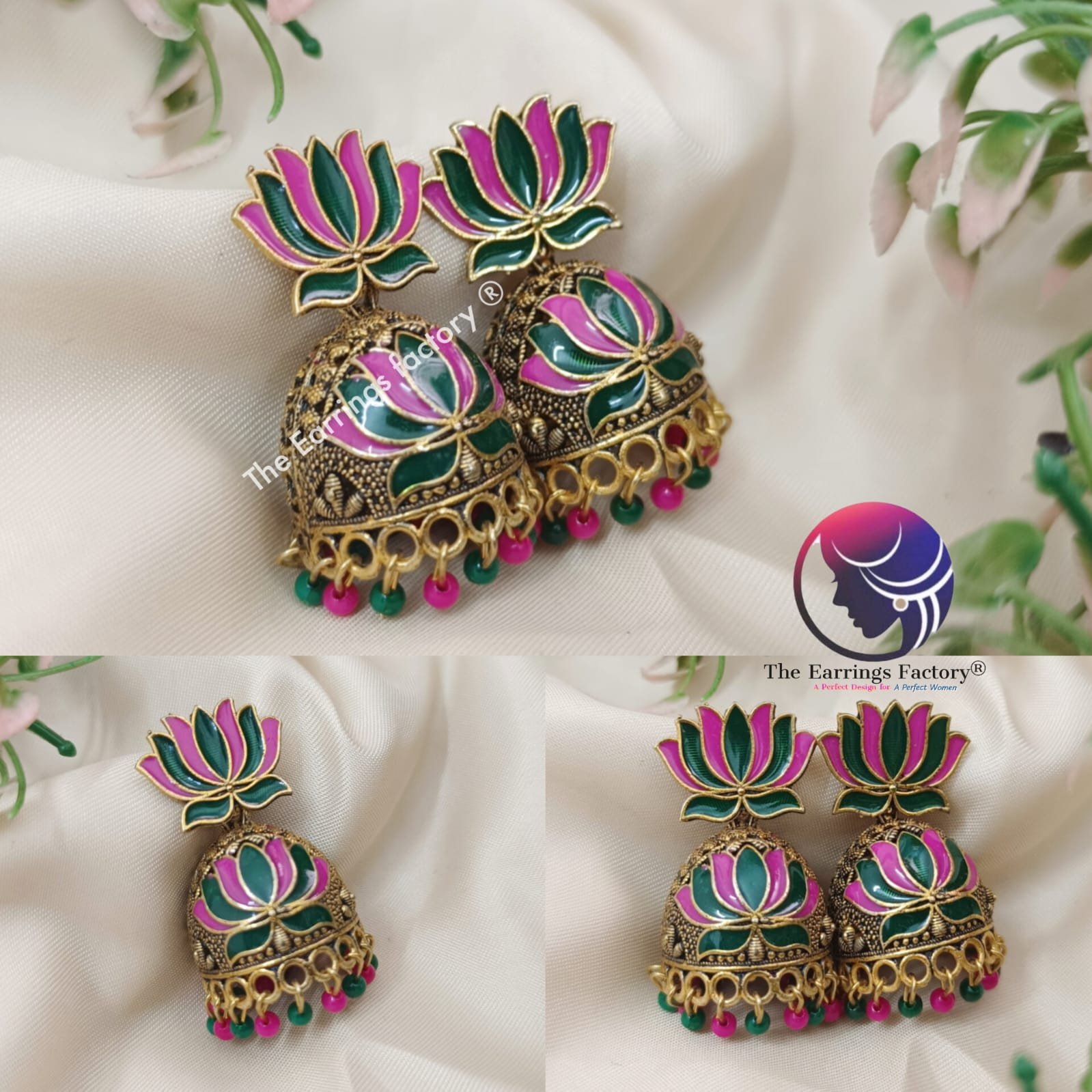 Traditional Golden Multi colour Pearl Beads Lotus Jhumka