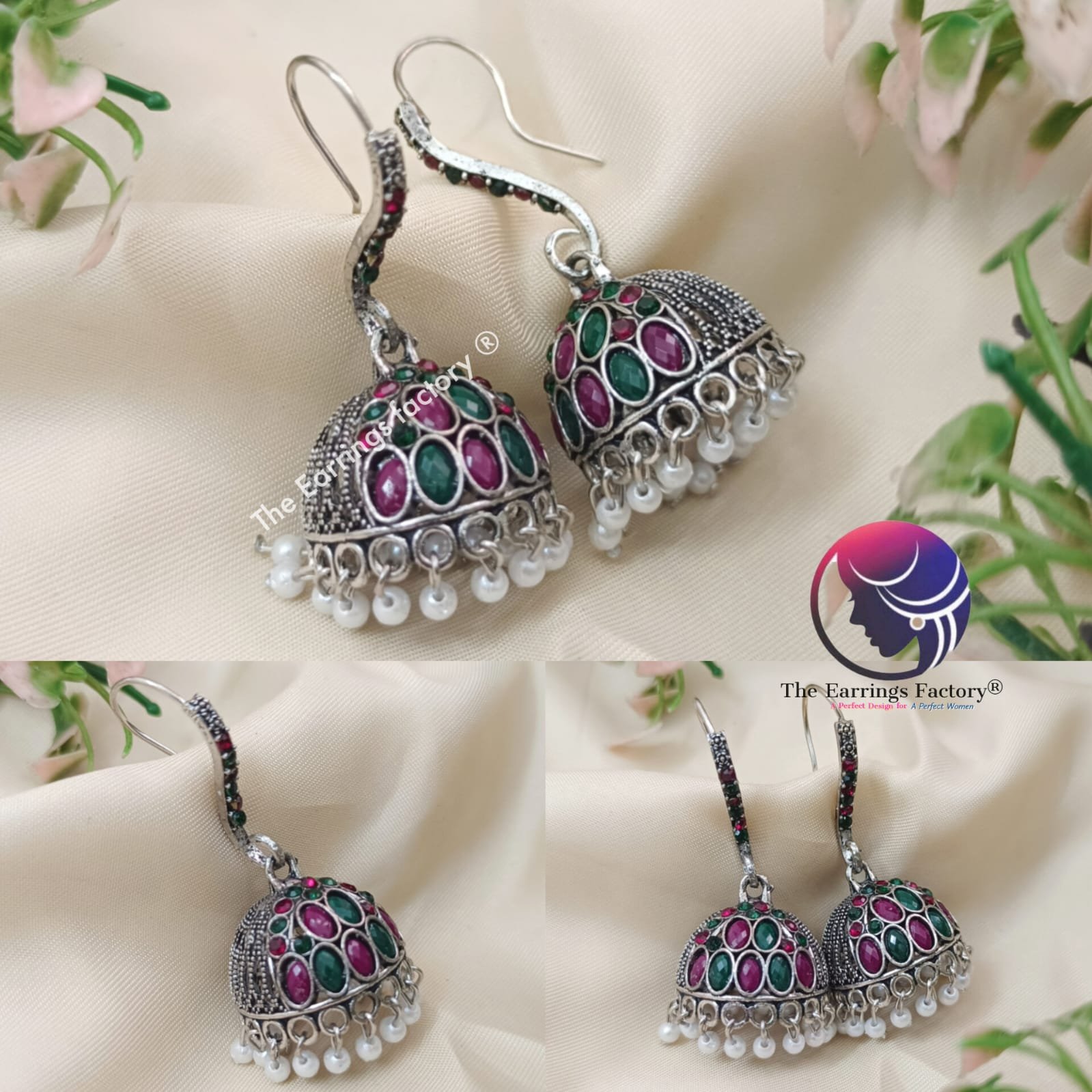 Trending Silver pearl beads Multi stone Hook jhumka