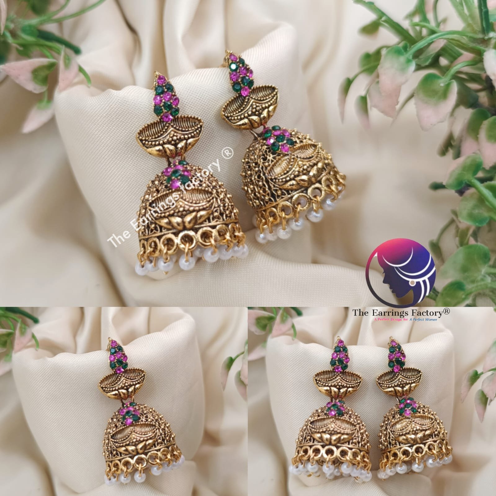 Traditional Golden Pearl Beads Multi Stone Candle Jhumka