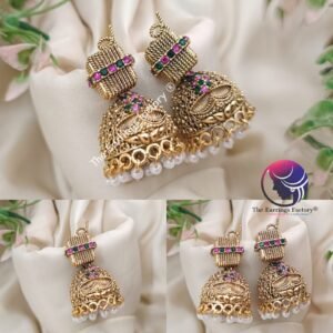 Traditional Golden Pearl Beads Multi Stone Cracker Jhumka