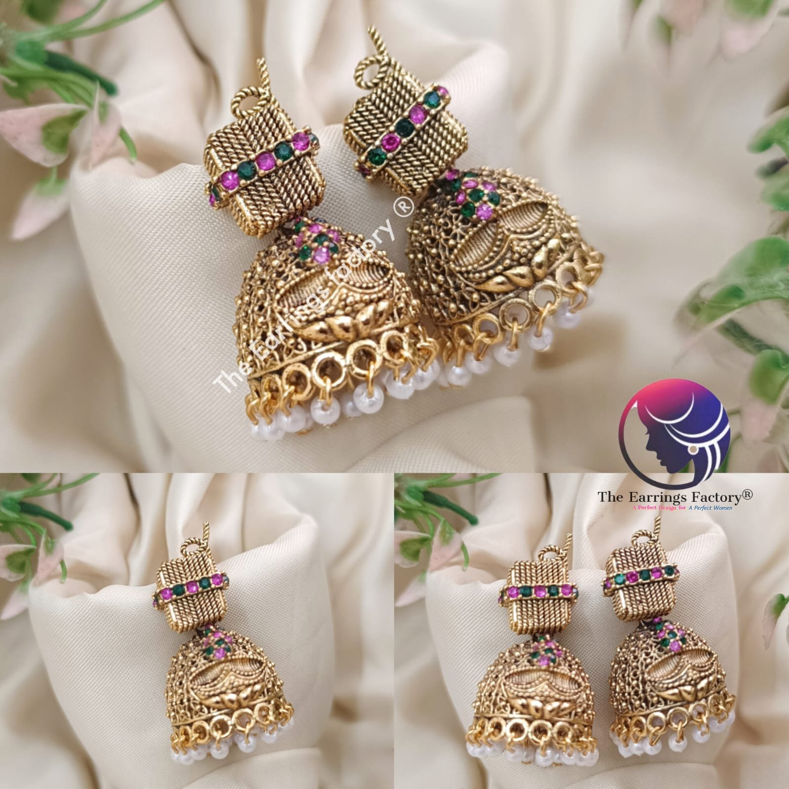 Traditional Golden Pearl Beads Multi Stone Cracker Jhumka