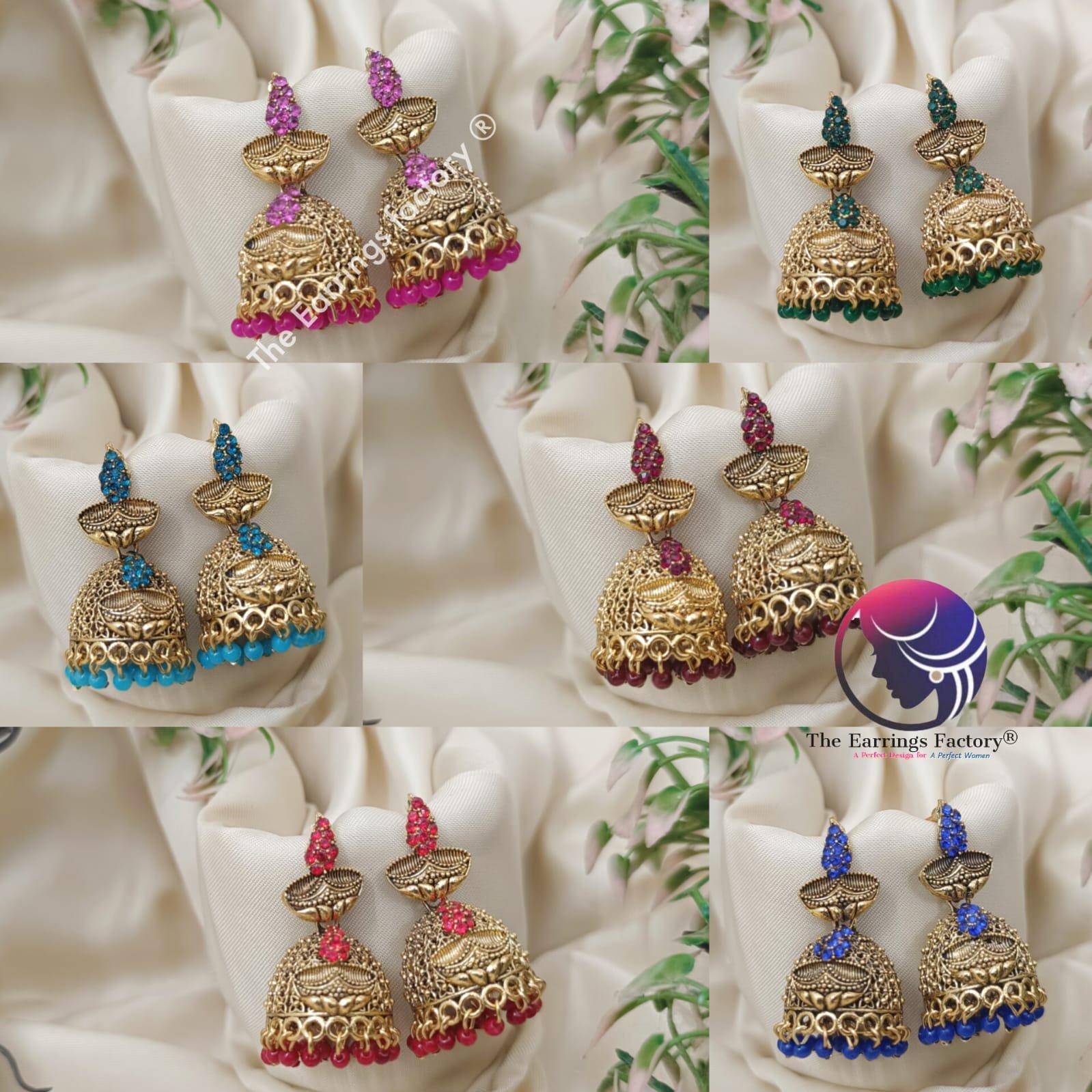 Traditional Golden Pearl Beads Multi Stone Candle Jhumka