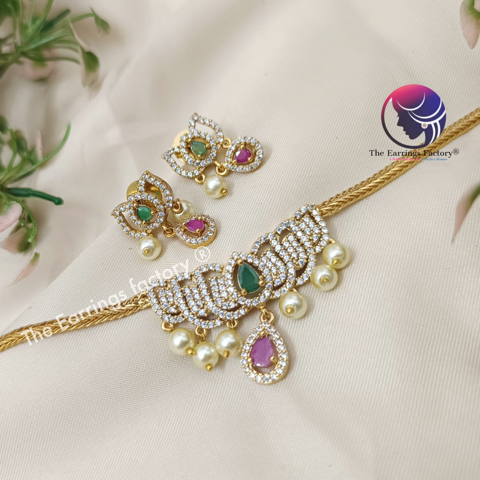 Trending Antique Lotus AD Stone Neckset with Earrings - Image 2
