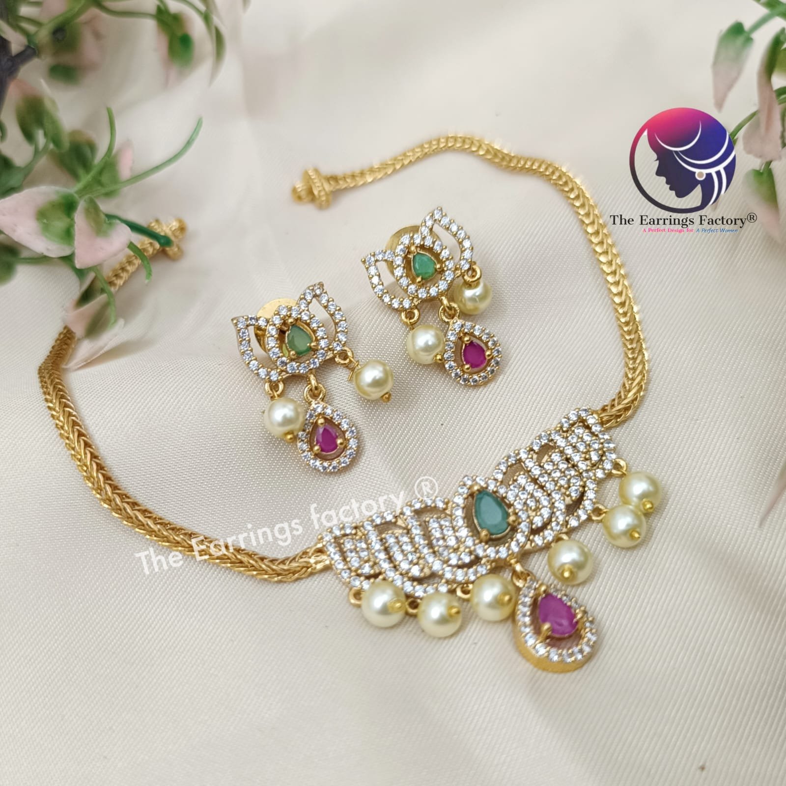 Trending Antique Lotus AD Stone Neckset with Earrings - Image 3