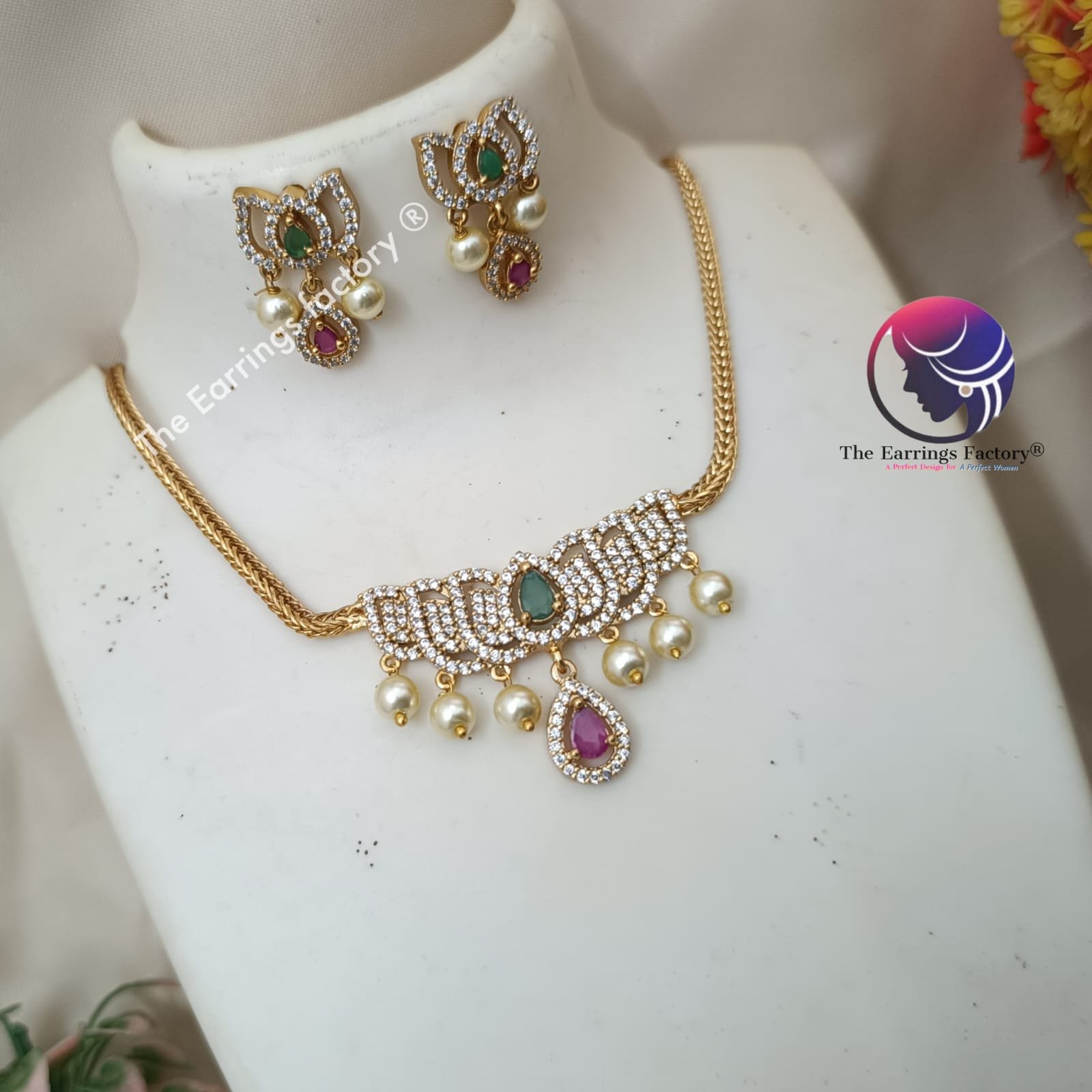 Trending Antique Lotus AD Stone Neckset with Earrings