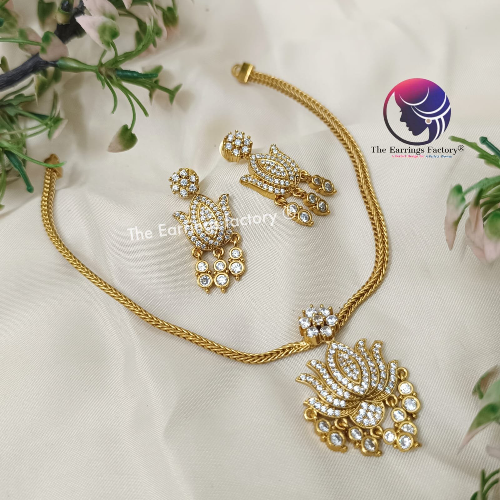 Trending Antique Lotus AD Stone Neckset with Earrings - Image 3
