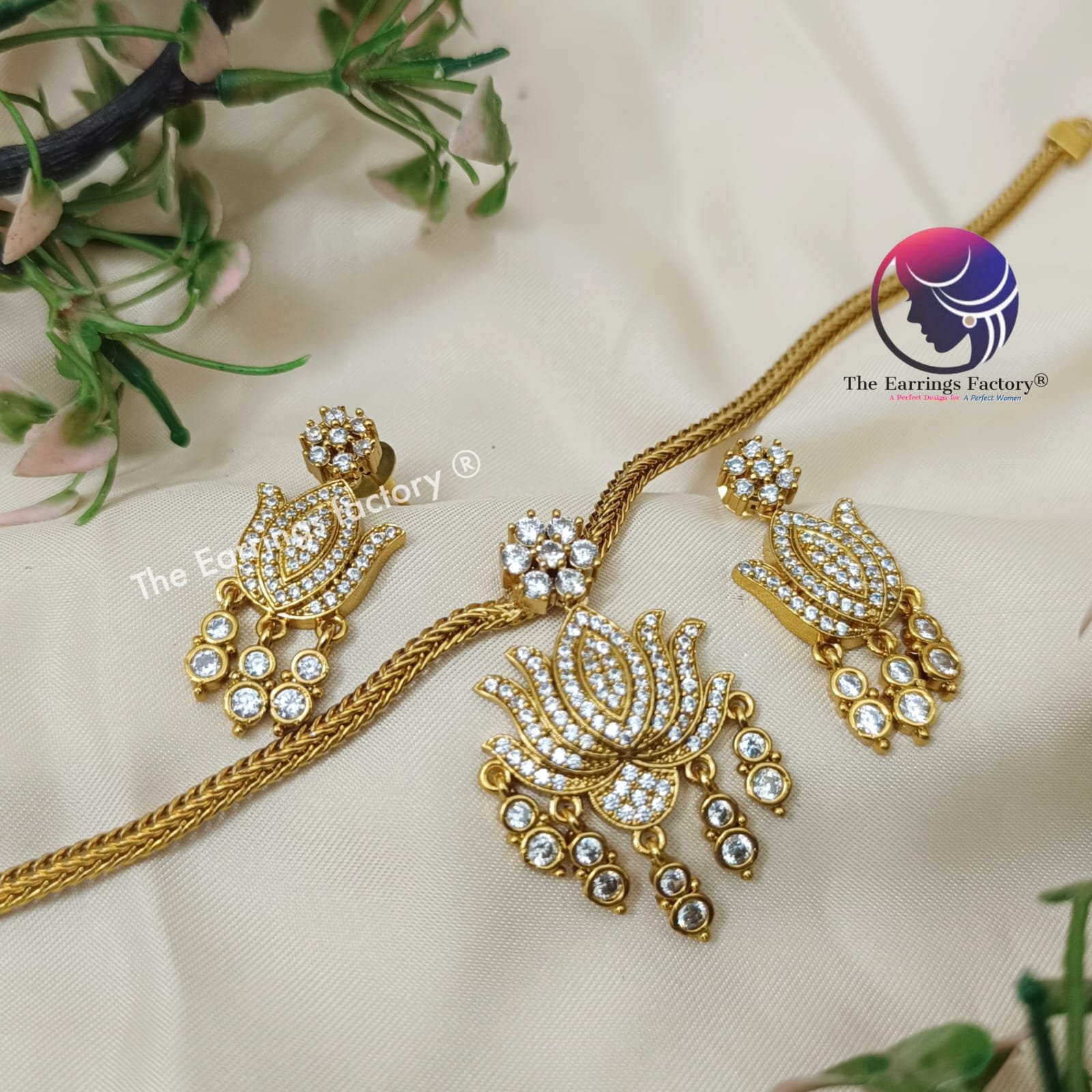 Trending Antique Lotus AD Stone Neckset with Earrings - Image 2