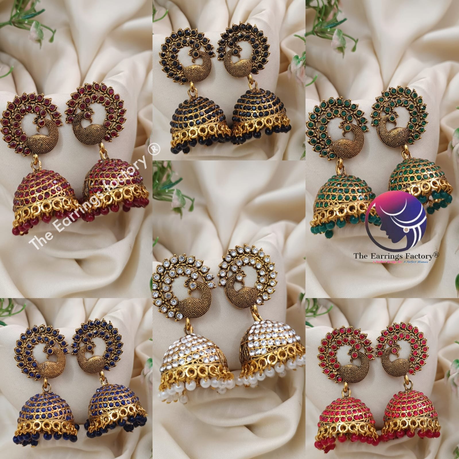 Traditional Golden Peacock Colourful Pearl beads Stone jhumka