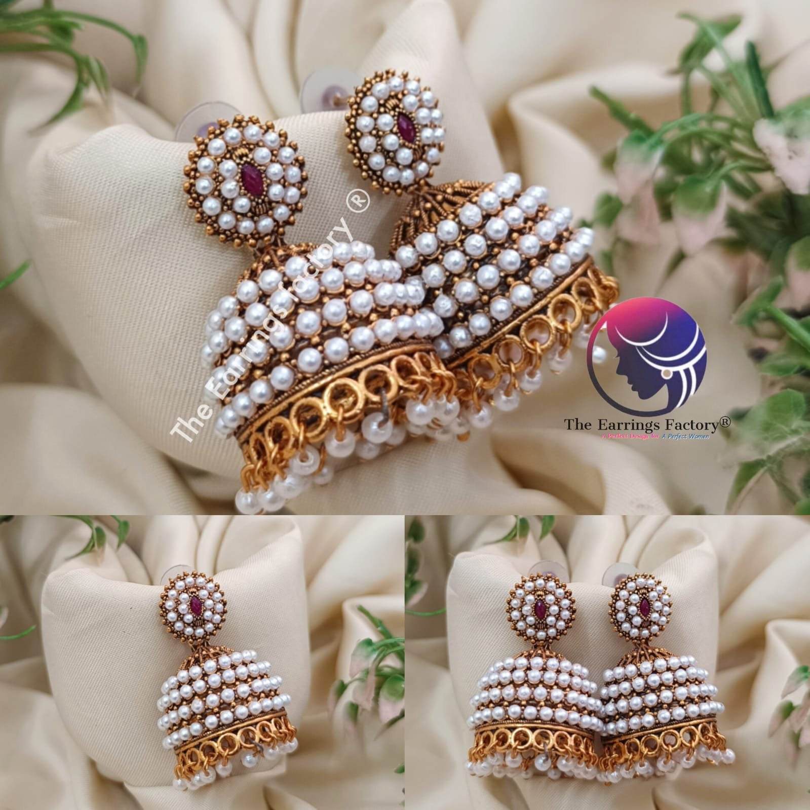 Traditional Golden White Pearl Beads Stone Jhumka