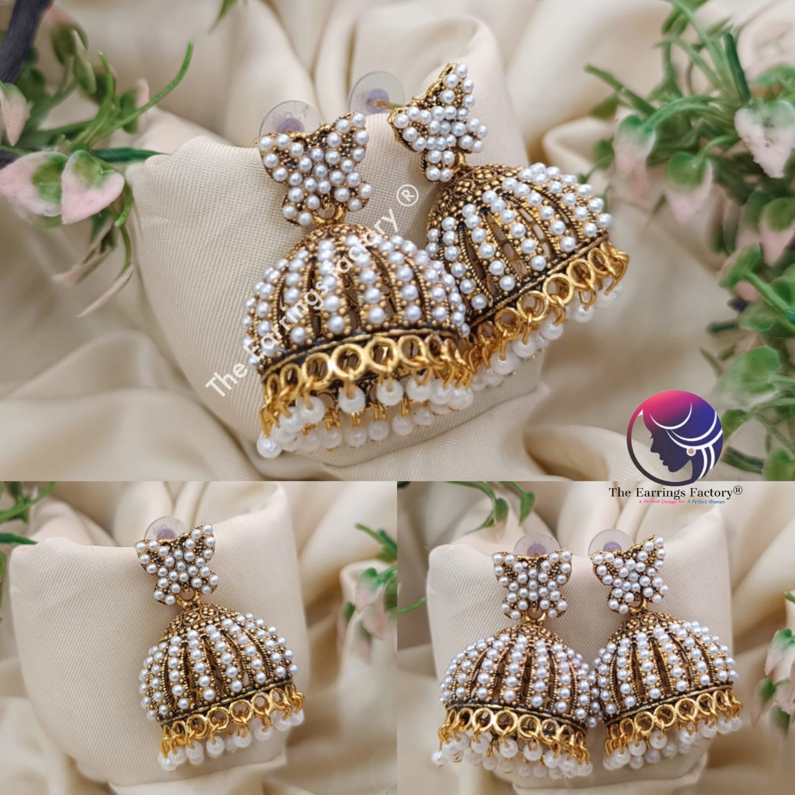 Traditional Golden White Pearl Beads Butterfly Jhumka