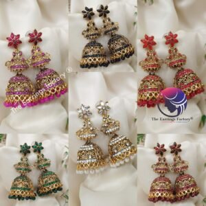 Traditional Golden Colourful Pearl beads Floral stone Long Jhumka