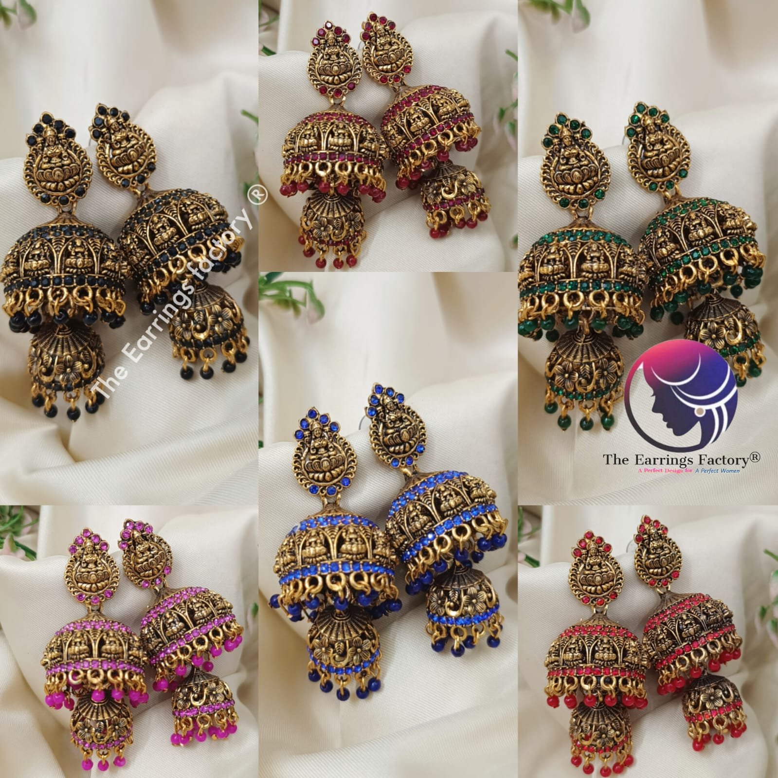Traditional Lakshmi Golden Colourful Pearl Beads Two Layer Temple Stone Jhumka