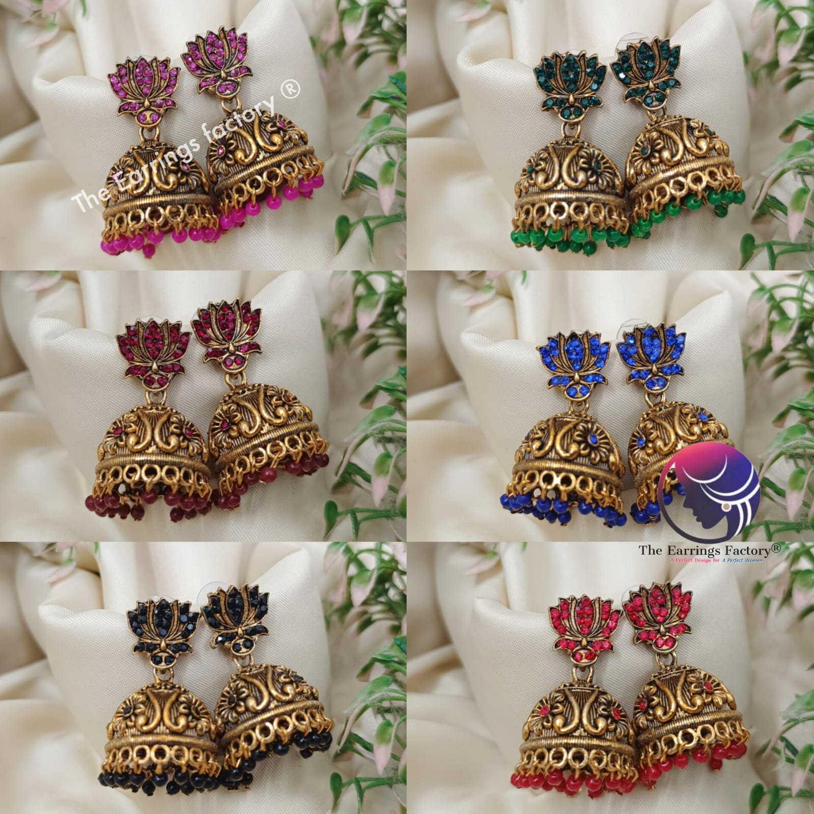 Traditional Golden Colourful Pearl beads Lotus Stone jhumka