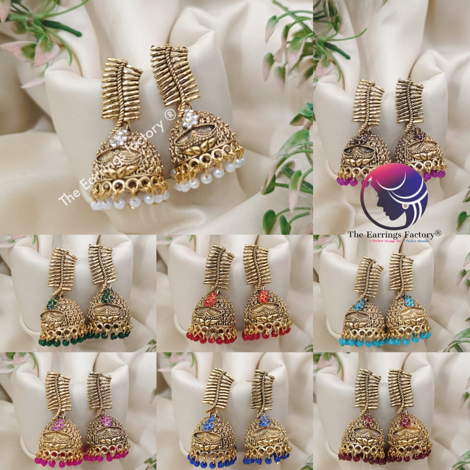 Traditional Golden Colourful Pearl Beads Multi Stone Cracker Jhumka