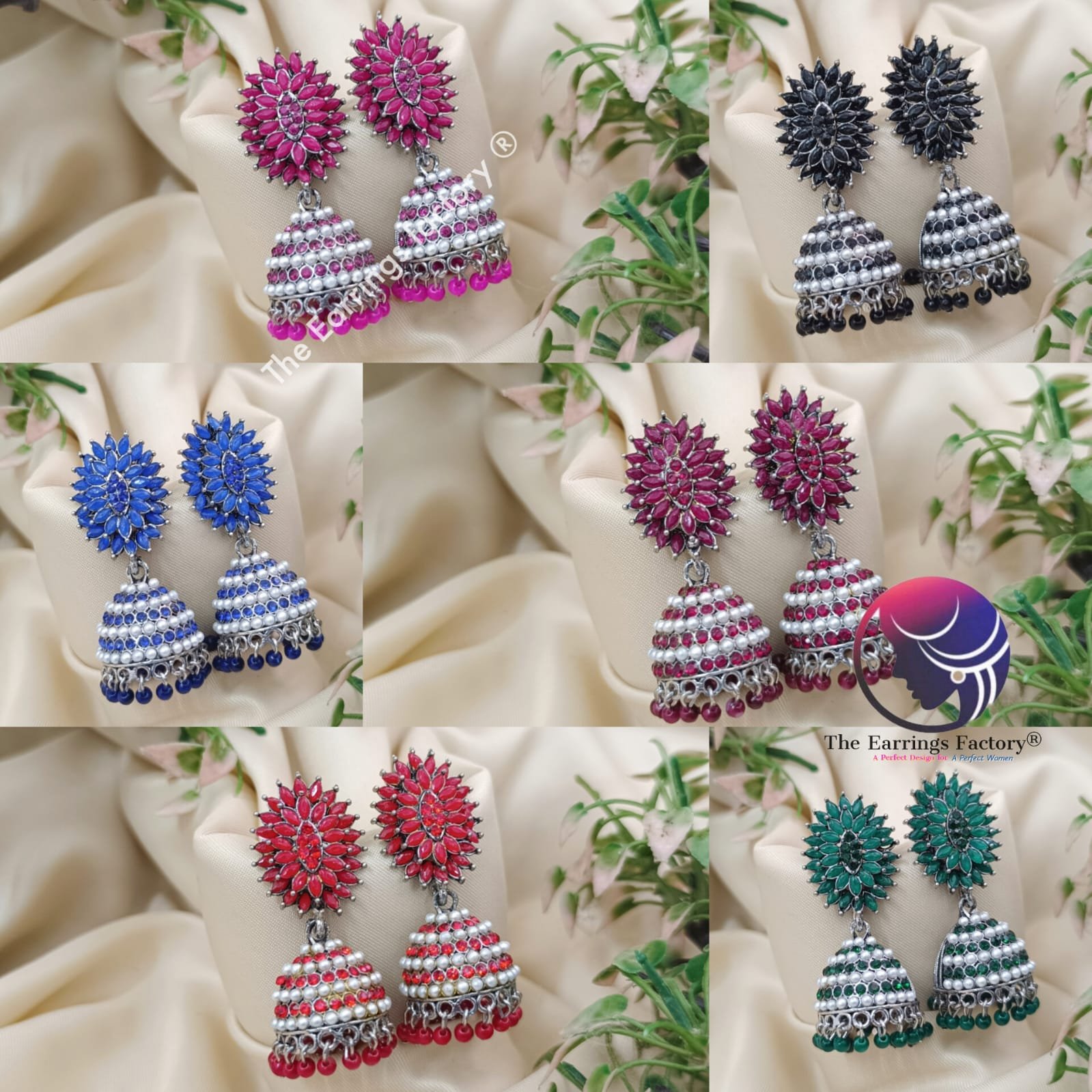 Trending Silver Colourful Pearl beads Floral Stone Pearl jhumka